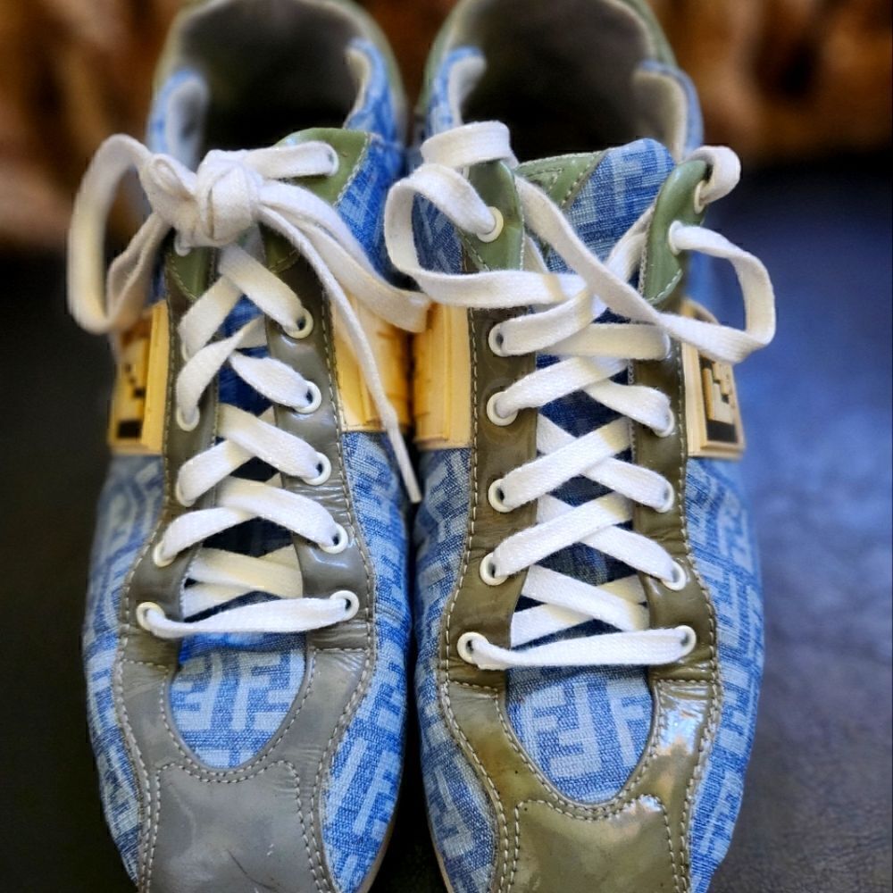 Authentic Fendi FF Logo Blue Canvas and Leather Women's  Sneakers - Picture 2 of 12